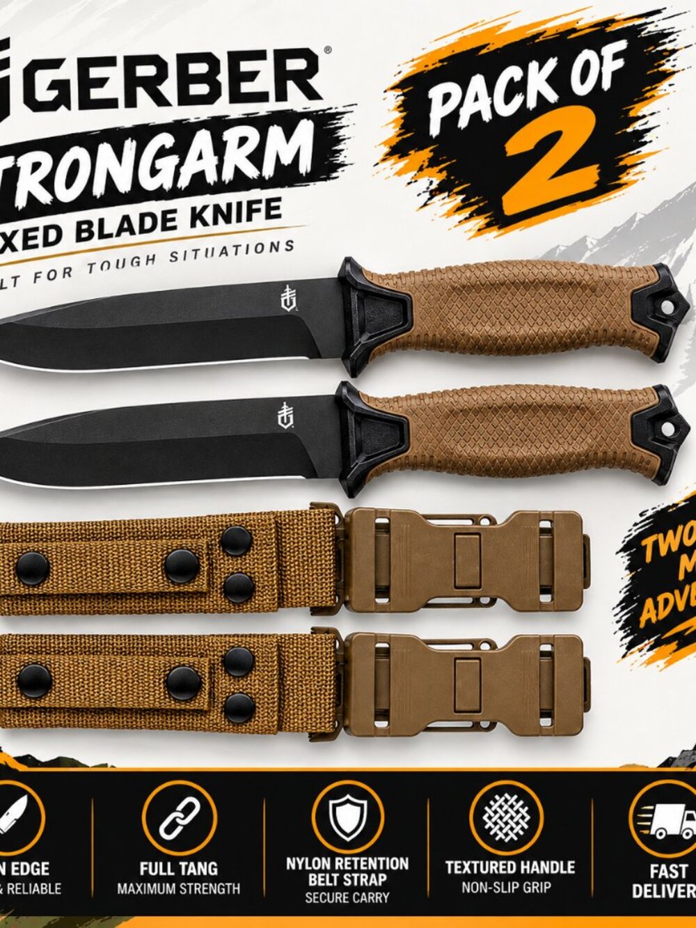 Gerber StrongArm Fixed Blade Full Tang Knife – Brown, Plain Edge – Pack of 2